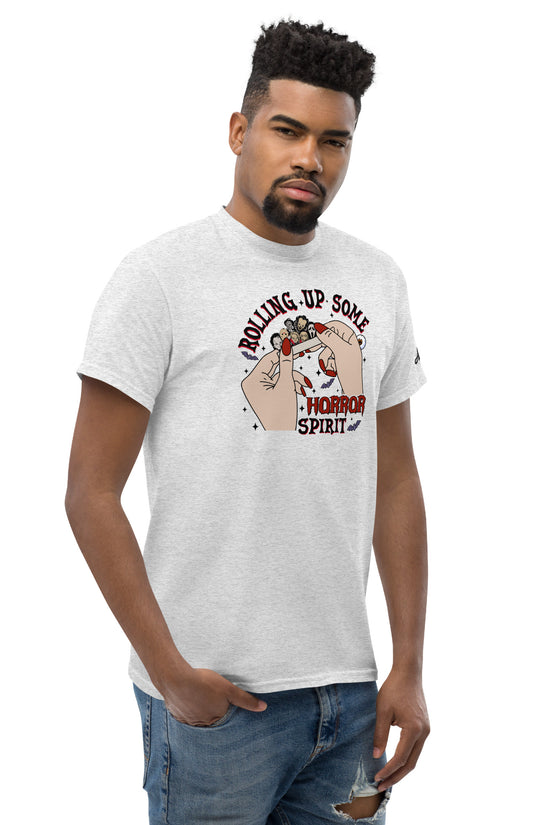 Man wearing a gray Rolling up Some Horror Spirit T-Shirt with a spooky graphic design