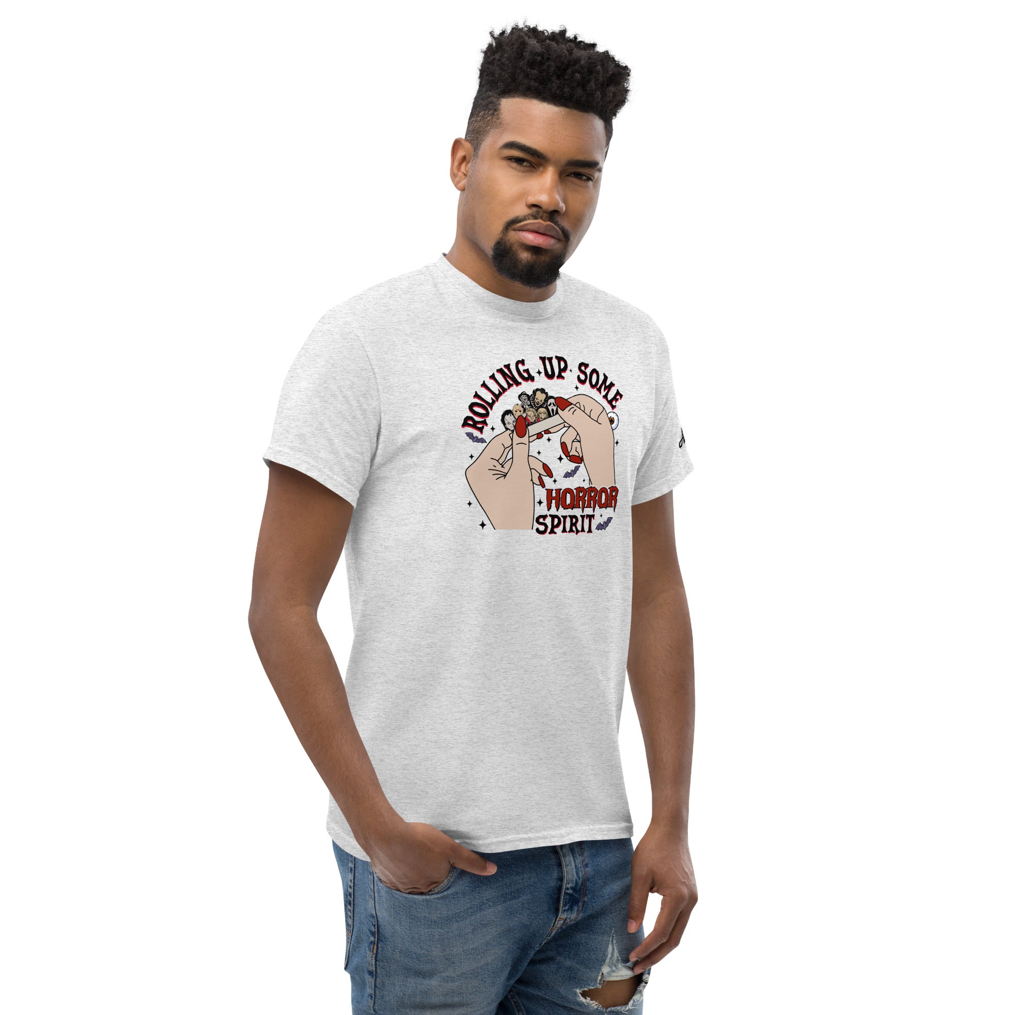 Man wearing a gray Rolling up Some Horror Spirit T-Shirt with a spooky graphic design