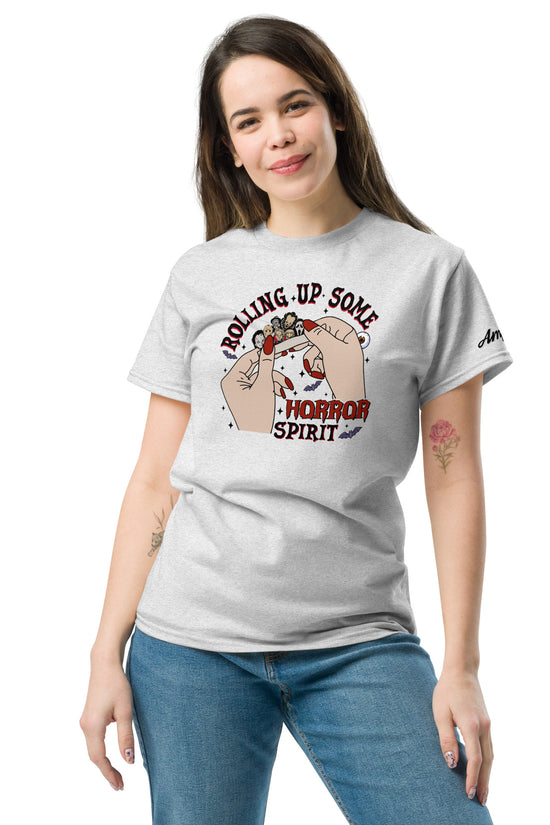Woman wearing a gray Rolling up Some Horror Spirit T-Shirt by Amp'd Up Custom with horror-themed graphic