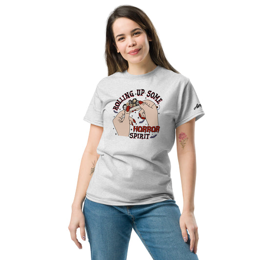 Woman wearing a gray Rolling up Some Horror Spirit T-Shirt by Amp'd Up Custom with horror-themed graphic