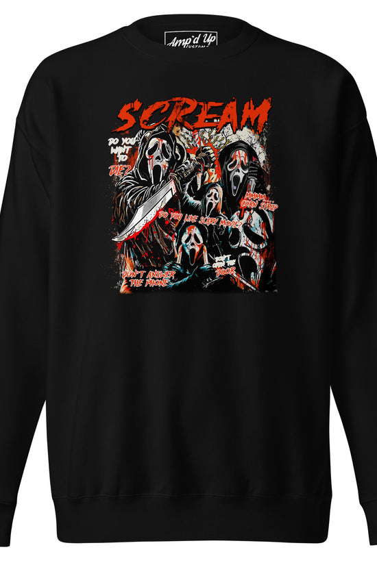 Amp'd Up Custom black Scream Sweatshirt featuring multiple ghost face characters with red and white graphic design