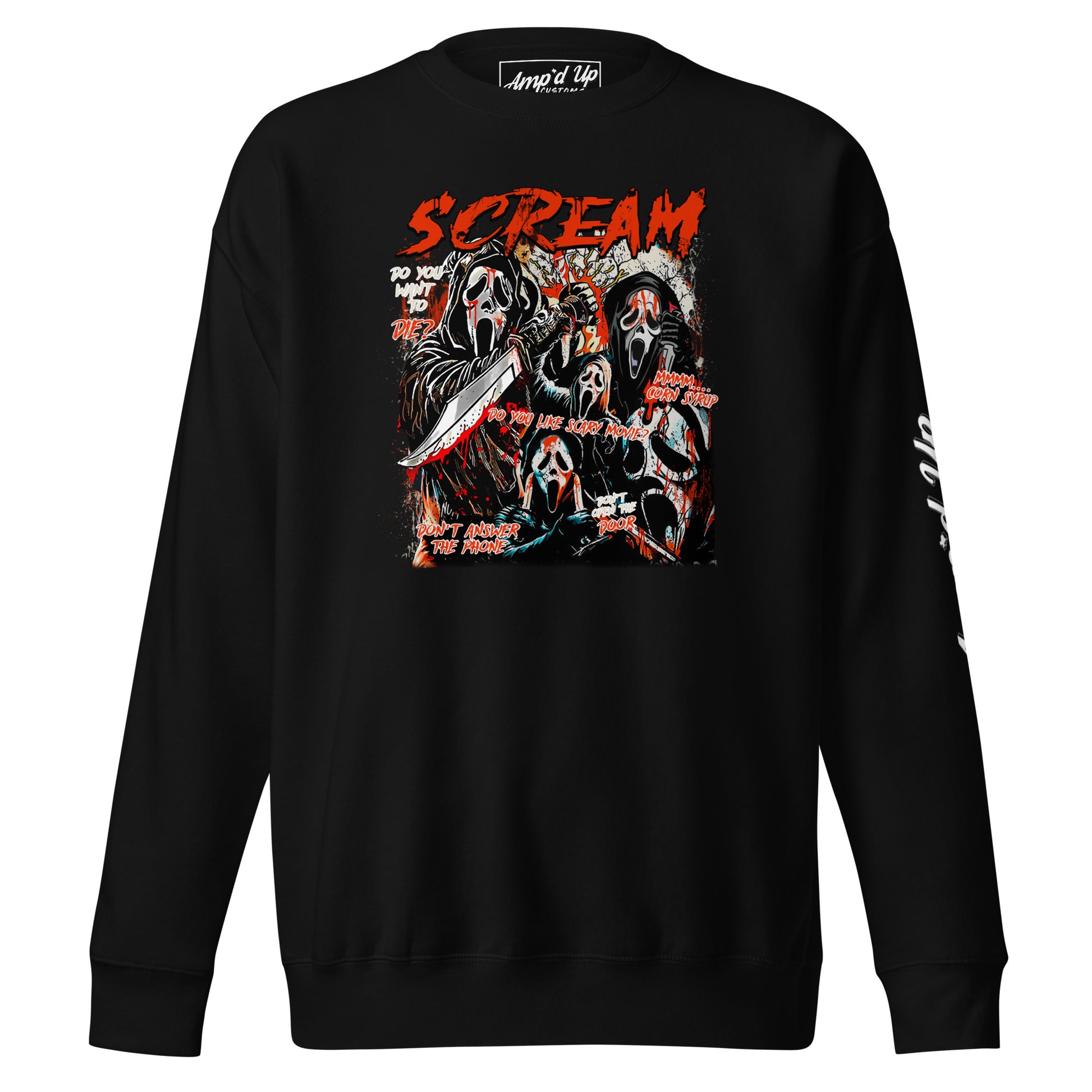 Amp'd Up Custom black Scream Sweatshirt featuring multiple ghost face characters with red and white graphic design