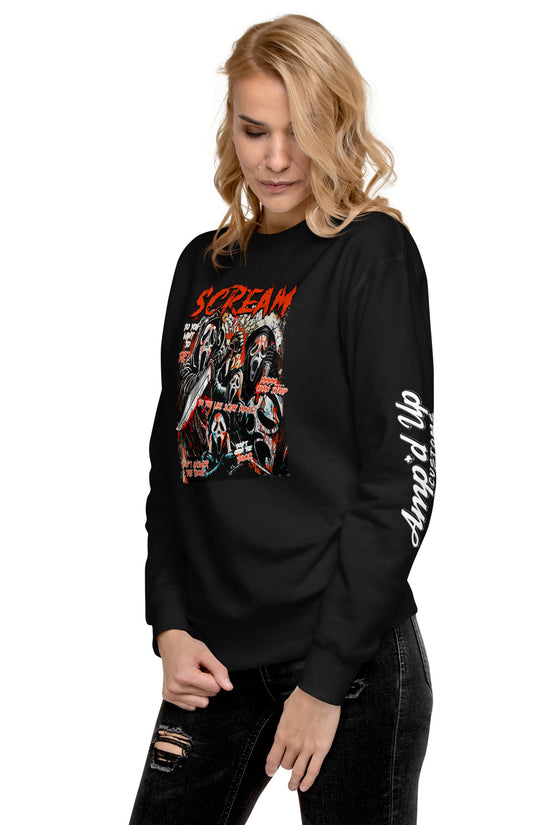 Woman wearing black Amp'd Up Custom Scream Sweatshirt with graphic horror design and white sleeve text