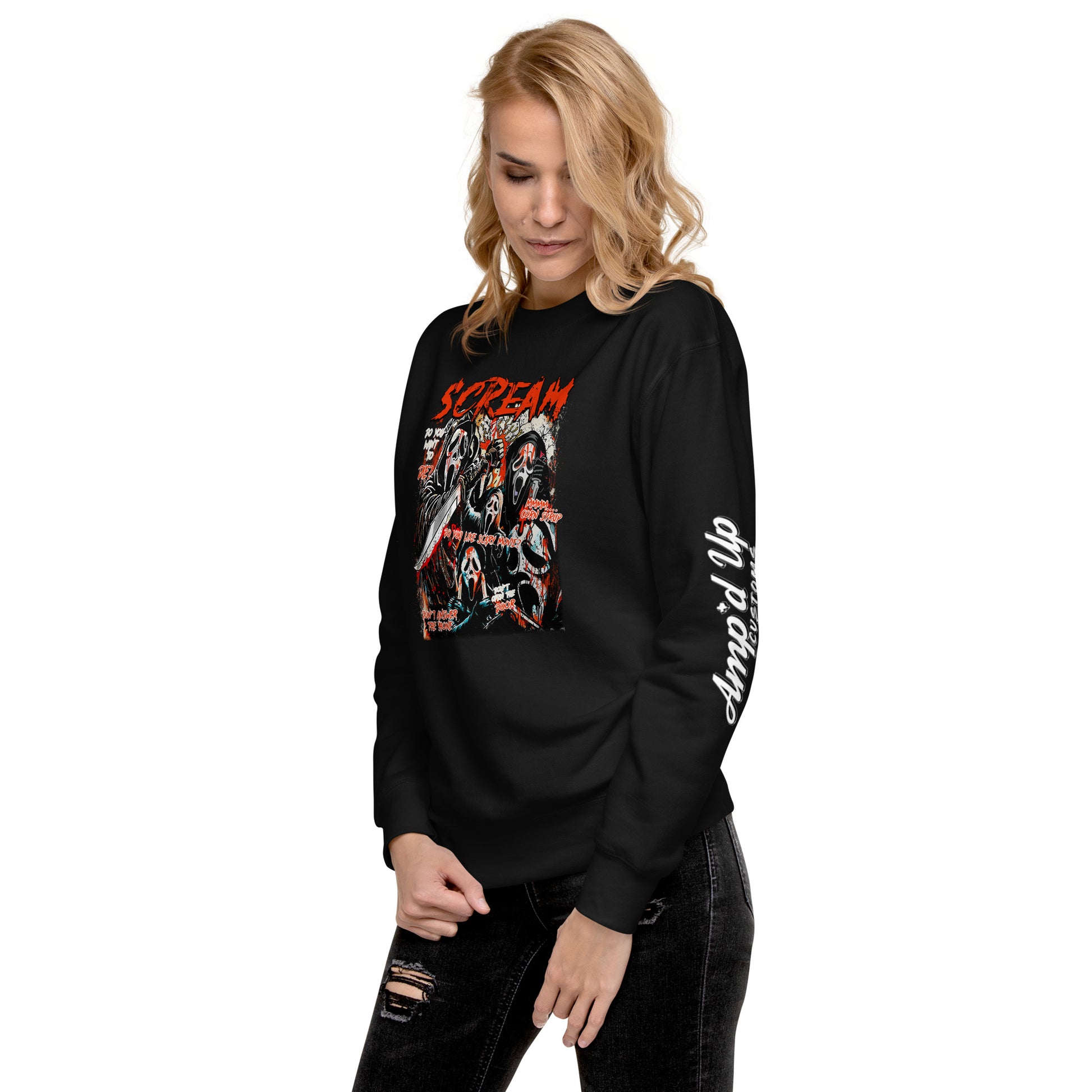 Woman wearing black Amp'd Up Custom Scream Sweatshirt with graphic horror design and white sleeve text