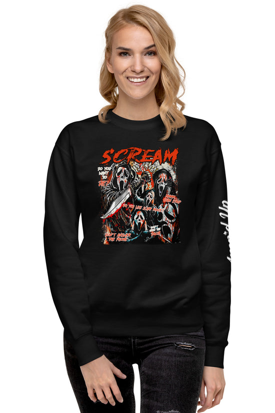 Amp'd Up Custom black Scream Sweatshirt with graphic horror mask design worn by a smiling woman