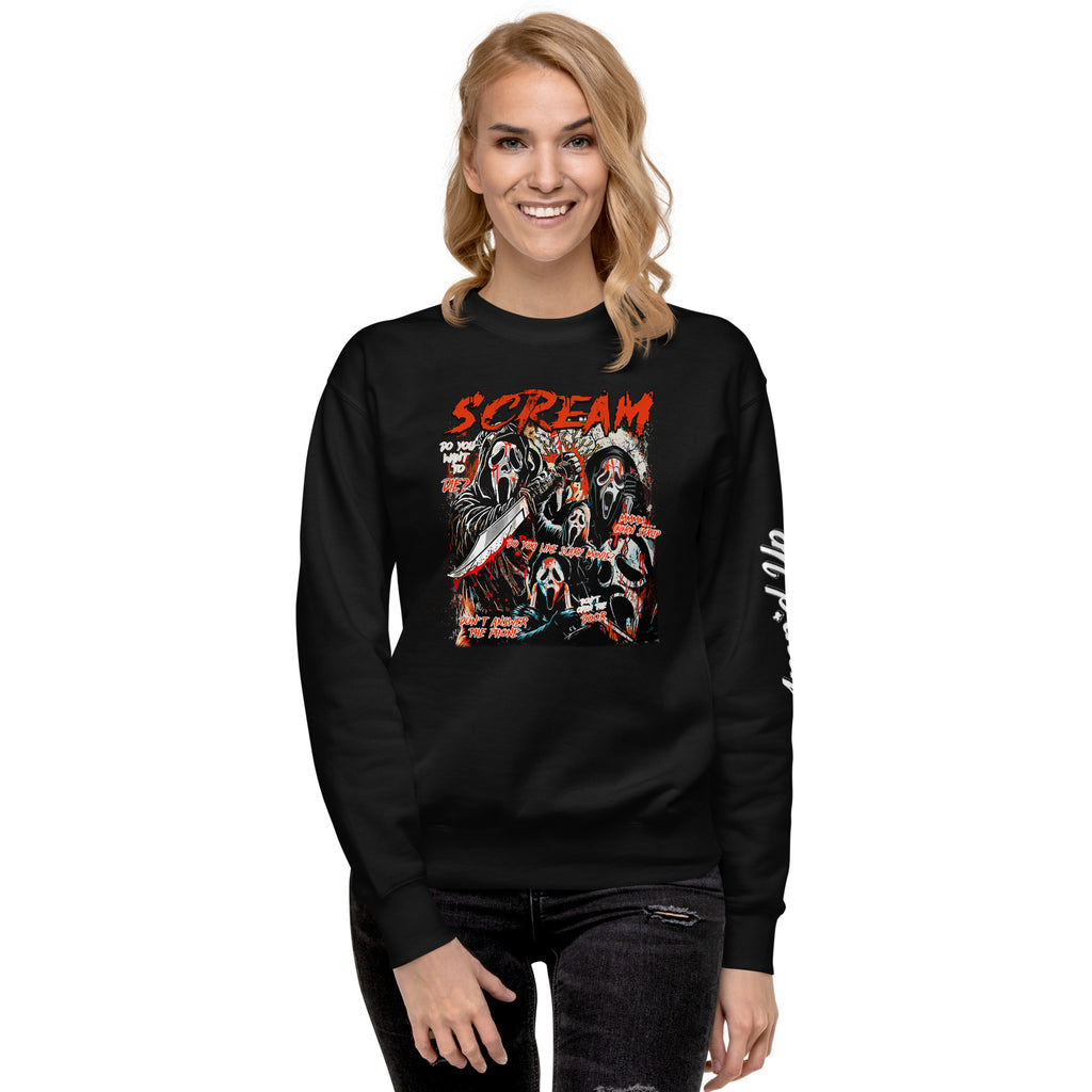 Amp'd Up Custom black Scream Sweatshirt with graphic horror mask design worn by a smiling woman