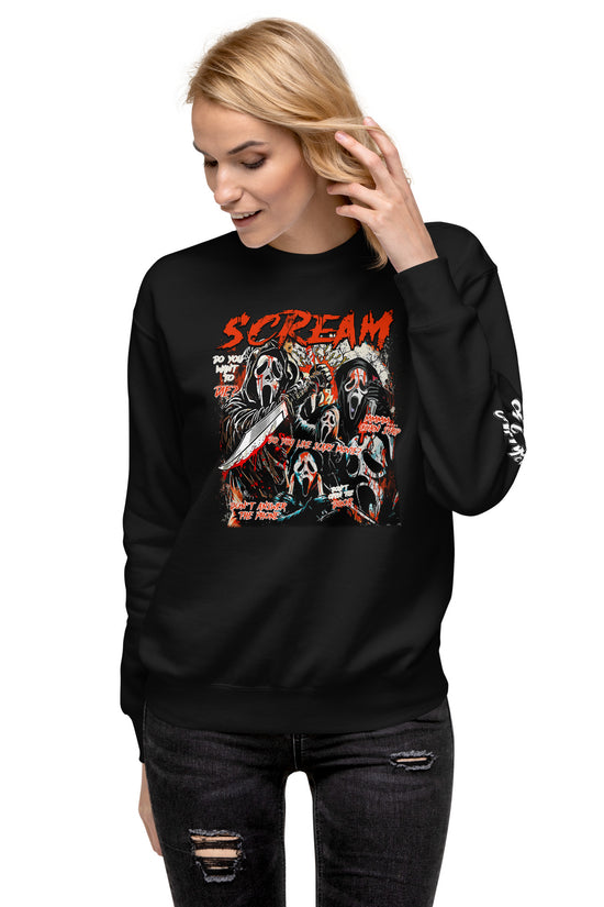 Woman wearing black Amp'd Up Custom Scream Sweatshirt with horror mask graphic and red text