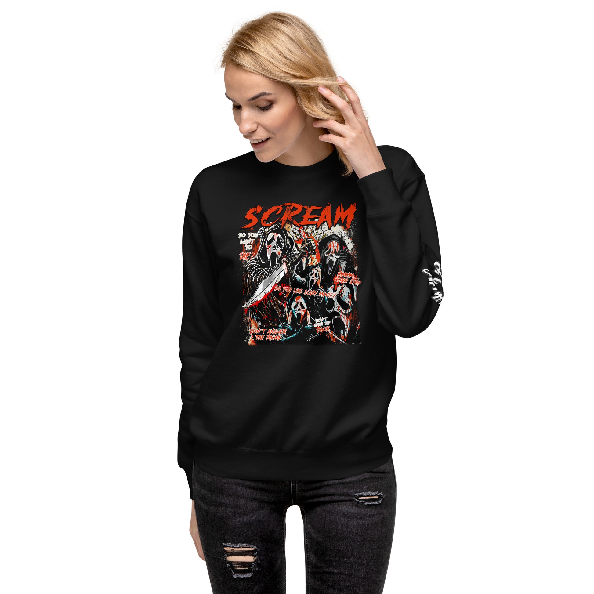 Woman wearing black Amp'd Up Custom Scream Sweatshirt with horror mask graphic and red text
