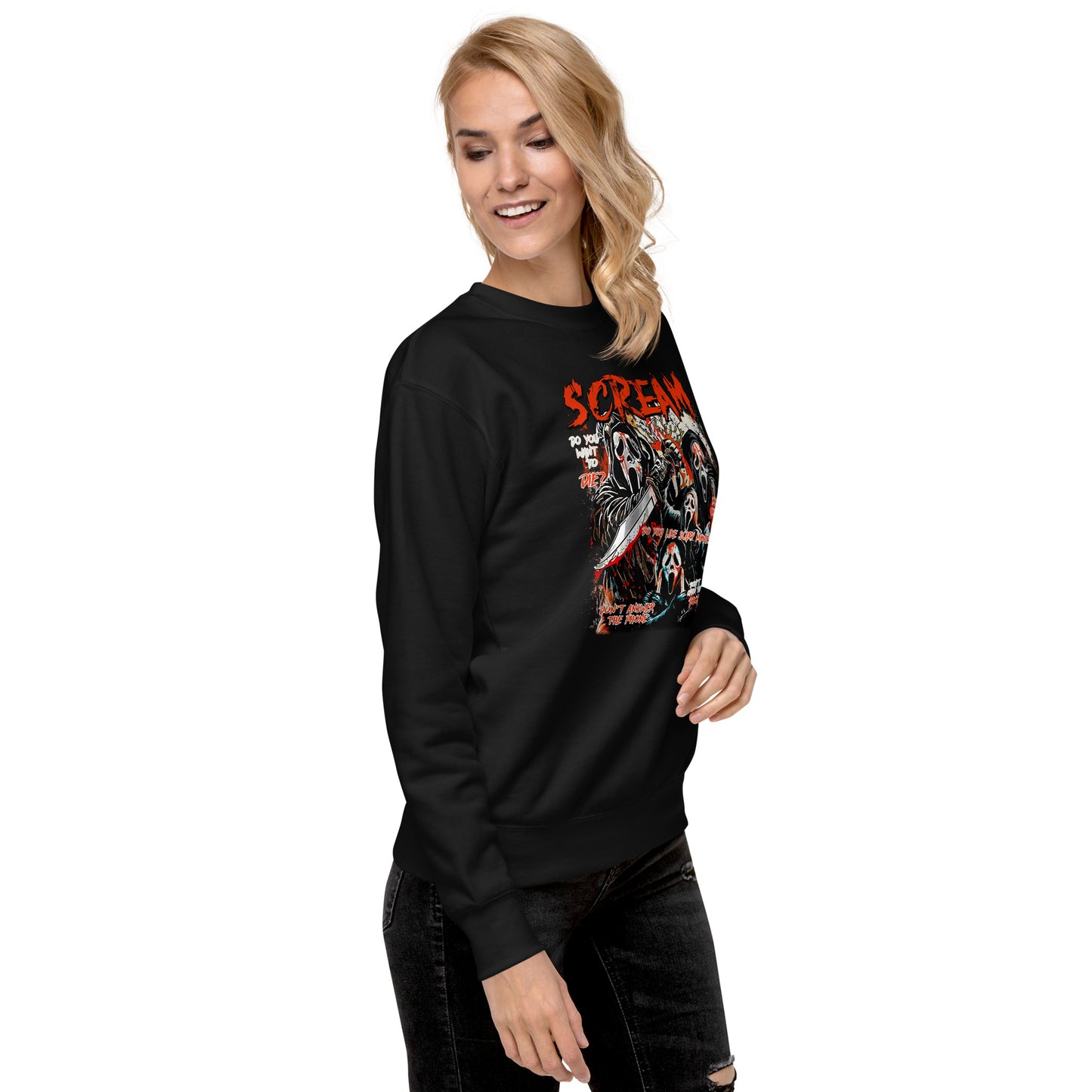 Woman wearing black Scream Sweatshirt by Amp'd Up Custom with horror-themed graphic design