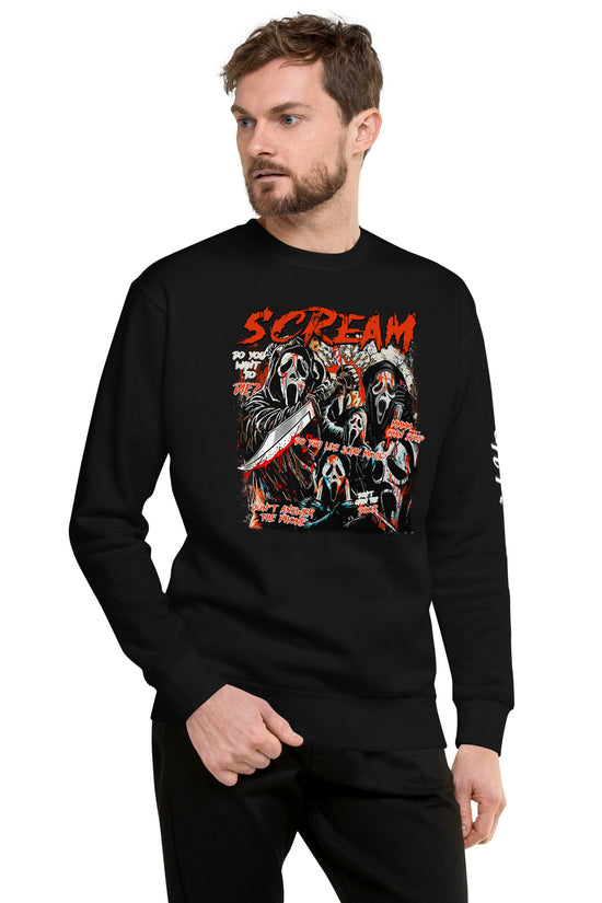 Amp'd Up Custom black Scream Sweatshirt featuring graphic horror mask design with red text
