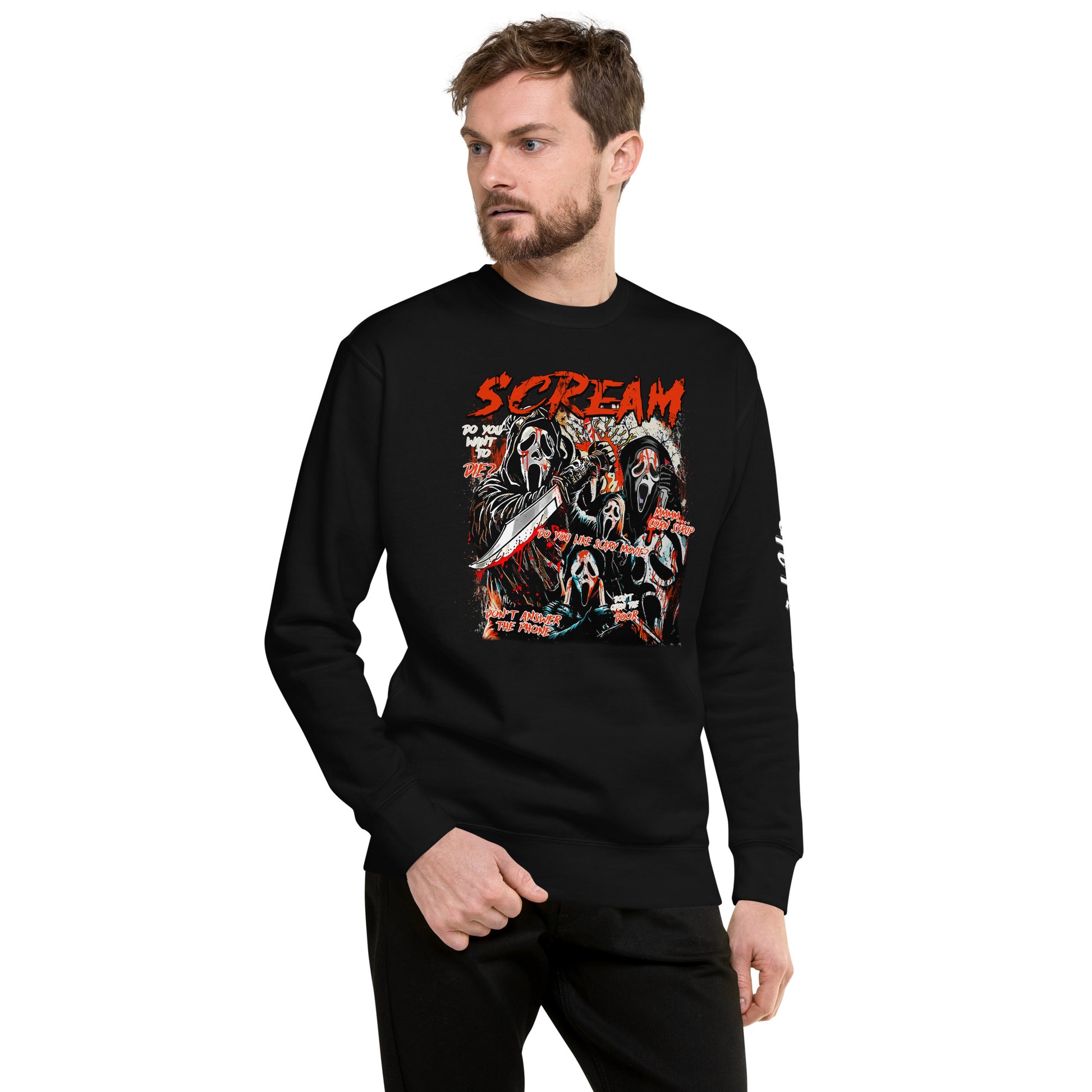 Amp'd Up Custom black Scream Sweatshirt featuring graphic horror mask design with red text