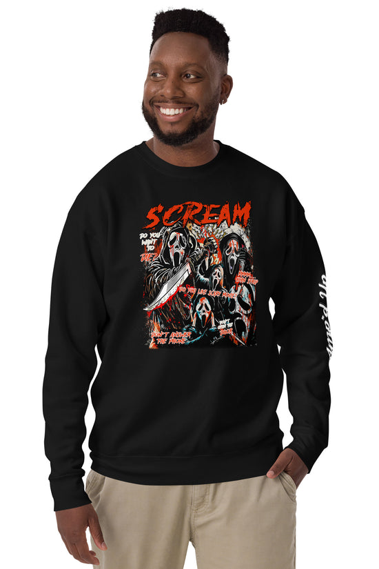Amp'd Up Custom black Scream Sweatshirt with horror mask graphic worn by smiling man