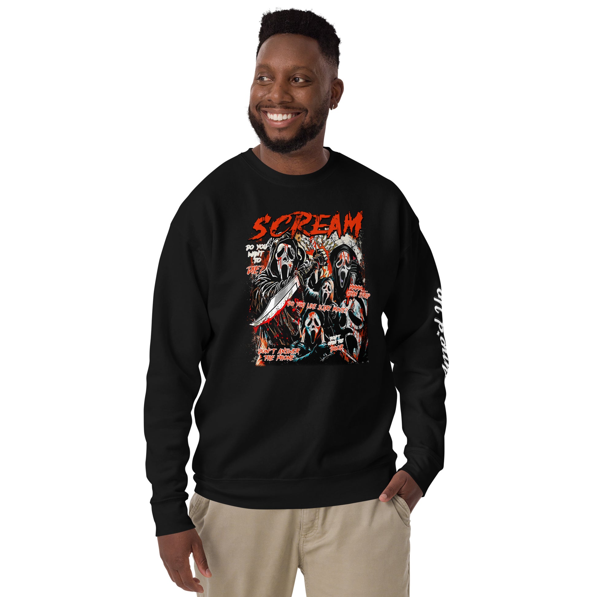 Amp'd Up Custom black Scream Sweatshirt with horror mask graphic worn by smiling man