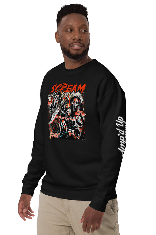 Black Scream Sweatshirt by Amp'd Up Custom featuring horror graphic and logo on sleeve