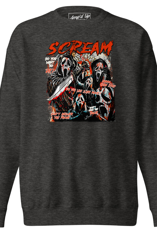 Amp'd Up Custom dark gray Scream Sweatshirt with graphic of multiple scream masks and red text