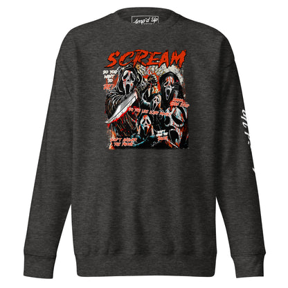 Amp'd Up Custom dark gray Scream Sweatshirt with graphic of multiple scream masks and red text