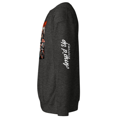 Side view of Amp'd Up Custom black Scream Sweatshirt with graphic print and logo on the sleeve
