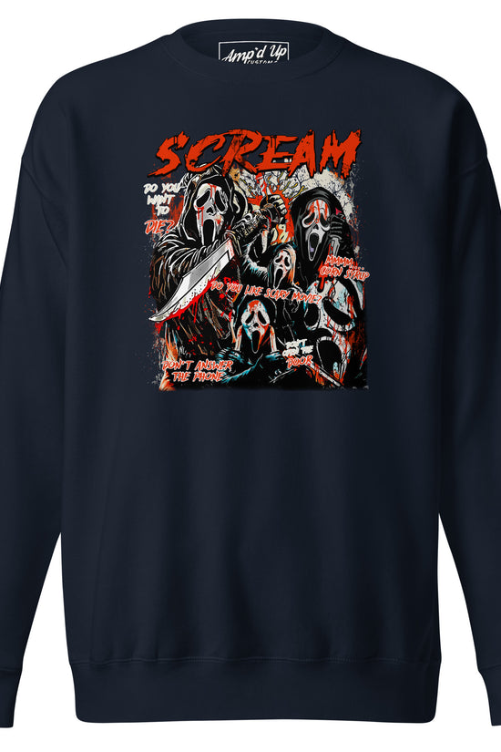 Amp'd Up Custom Scream Sweatshirt with horror-themed graphic and bold red text on black fabric