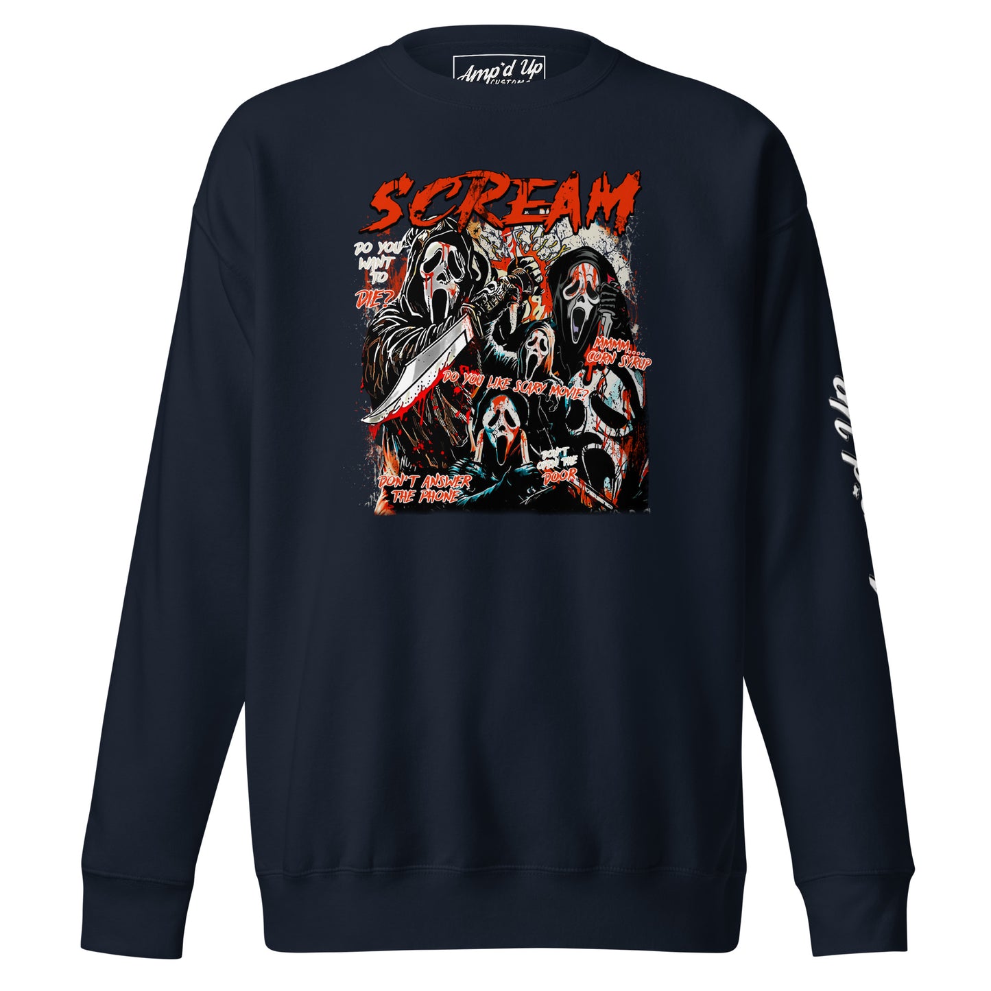 Amp'd Up Custom Scream Sweatshirt with horror-themed graphic and bold red text on black fabric