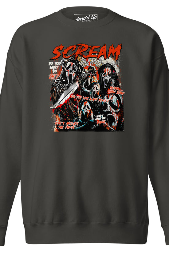 Amp'd Up Custom Scream Sweatshirt with graphic horror movie inspired design on charcoal gray fabric