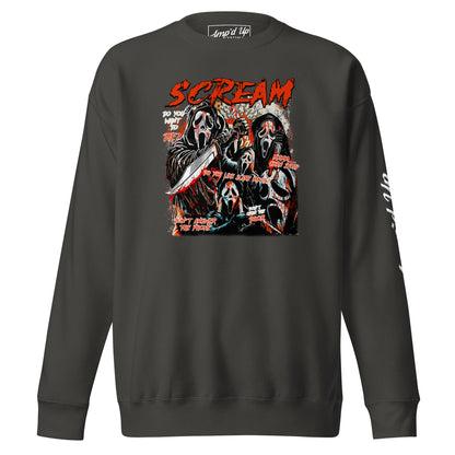 Amp'd Up Custom Scream Sweatshirt with graphic horror movie inspired design on charcoal gray fabric
