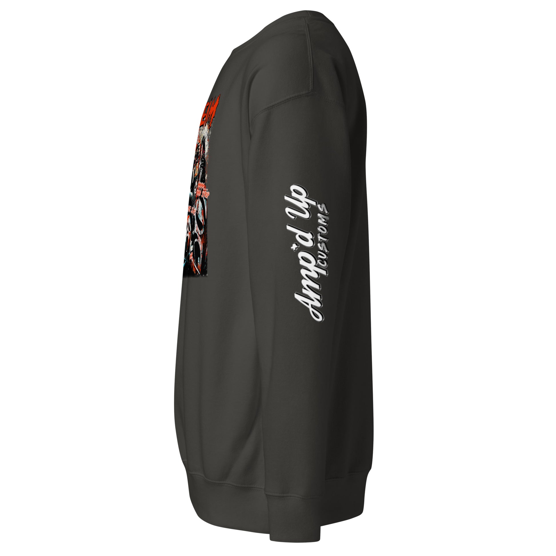 Amp'd Up Custom black Scream Sweatshirt with graphic print and logo on sleeve side view
