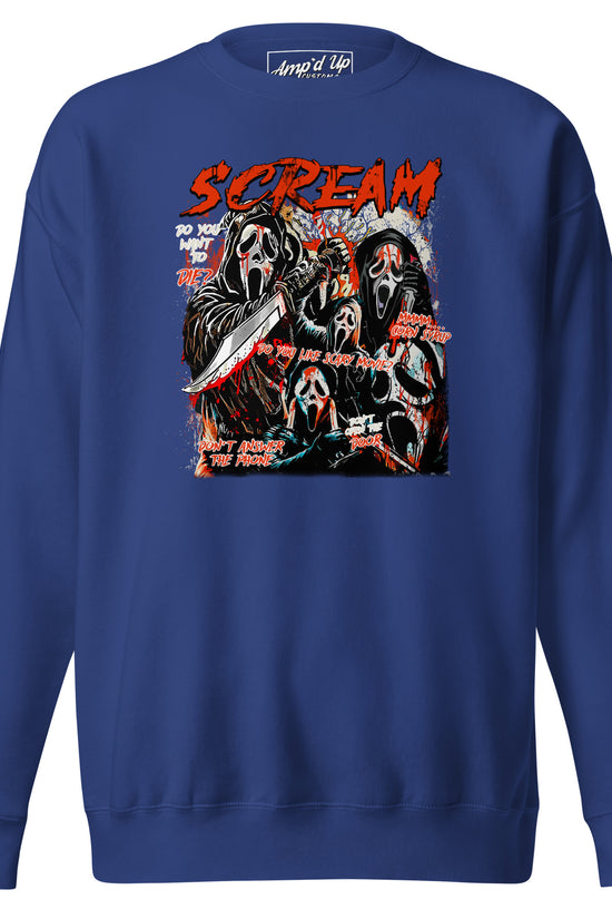 Amp'd Up Custom blue sweatshirt with graphic Scream Sweatshirt design featuring masked characters and bold red text