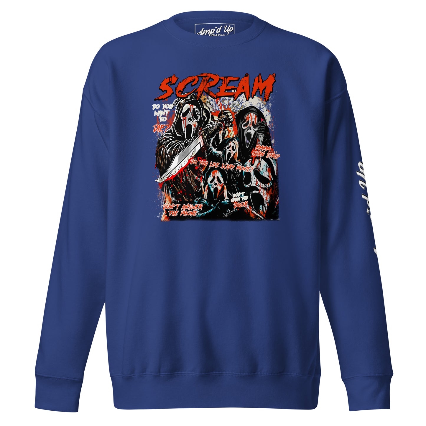 Amp'd Up Custom blue sweatshirt with graphic Scream Sweatshirt design featuring masked characters and bold red text