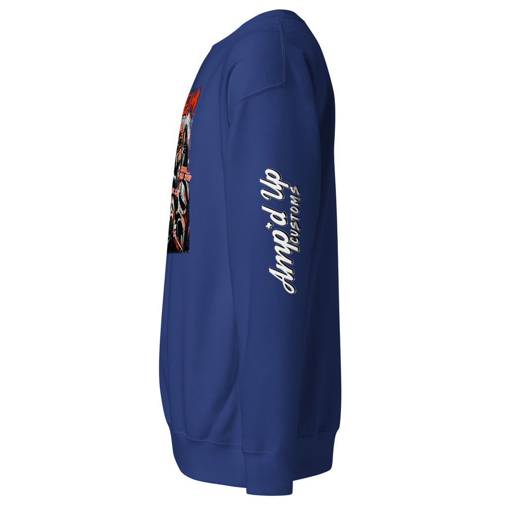 Amp'd Up Custom blue Scream Sweatshirt with horror graphic and logo on sleeve