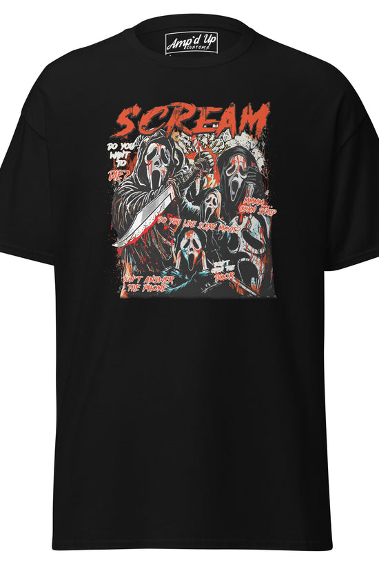 Amp'd Up Custom black Scream T-Shirt featuring horror ghost face masks and bloody knife graphic