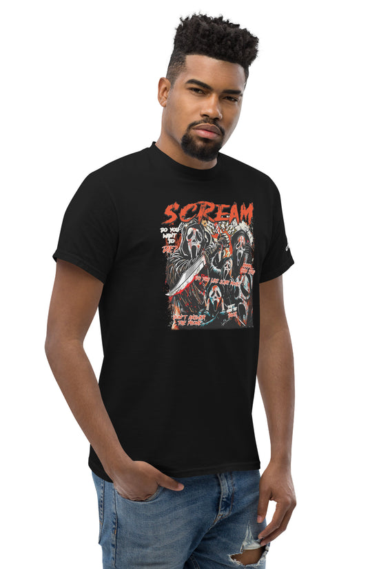 Men's black Scream T-Shirt with horror movie graphic design worn with ripped jeans