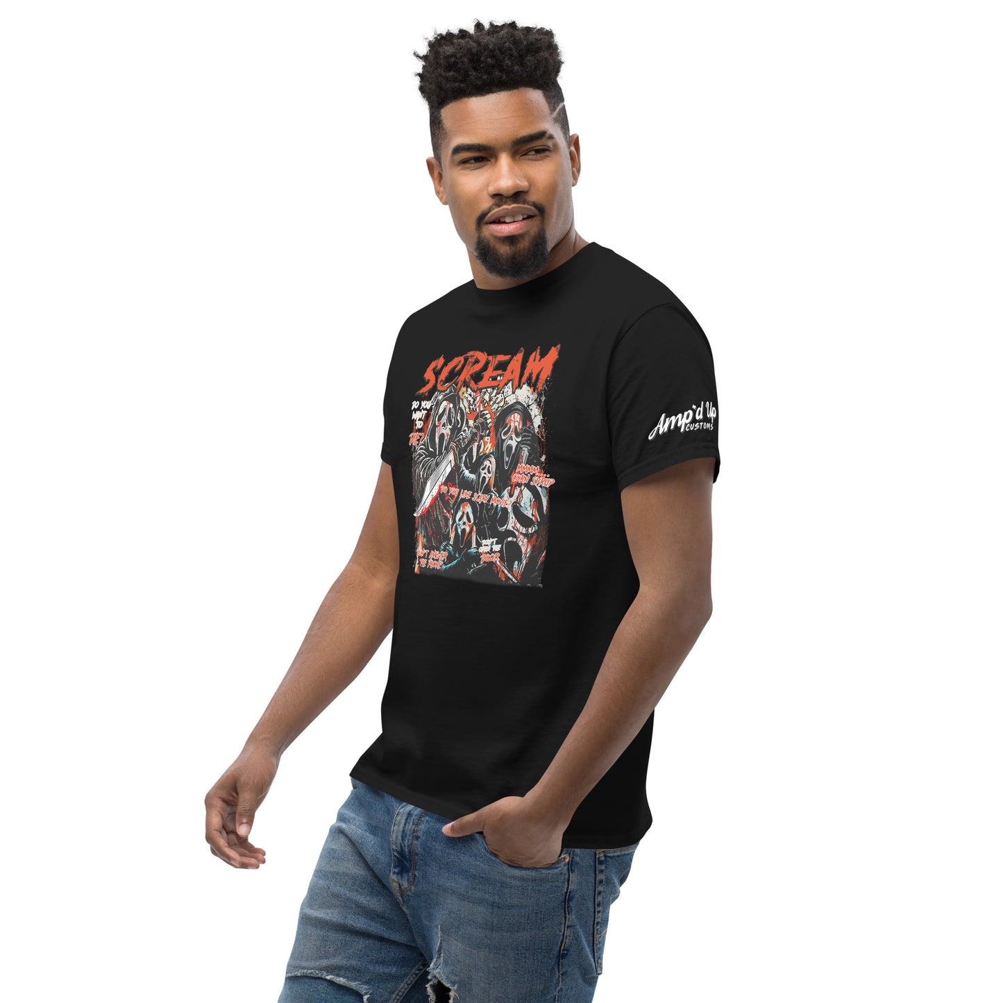 Black Scream T-Shirt by Amp'd Up Custom featuring horror graphic design worn by male model in blue jeans