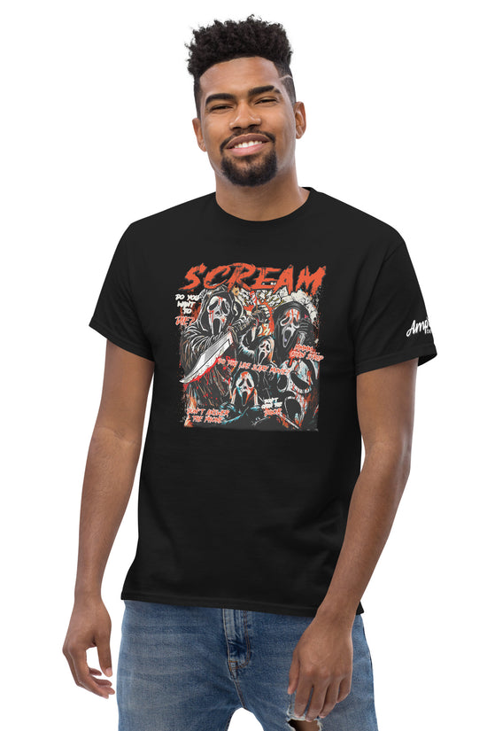 Black Scream T-Shirt featuring graphic horror mask design worn by smiling man