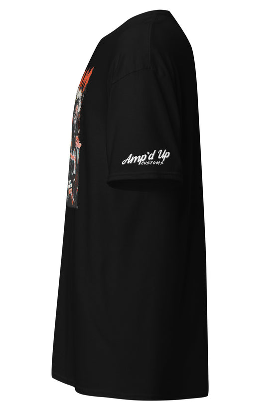 Side view of black Scream T-Shirt by Amp'd Up Custom with graphic print and sleeve logo