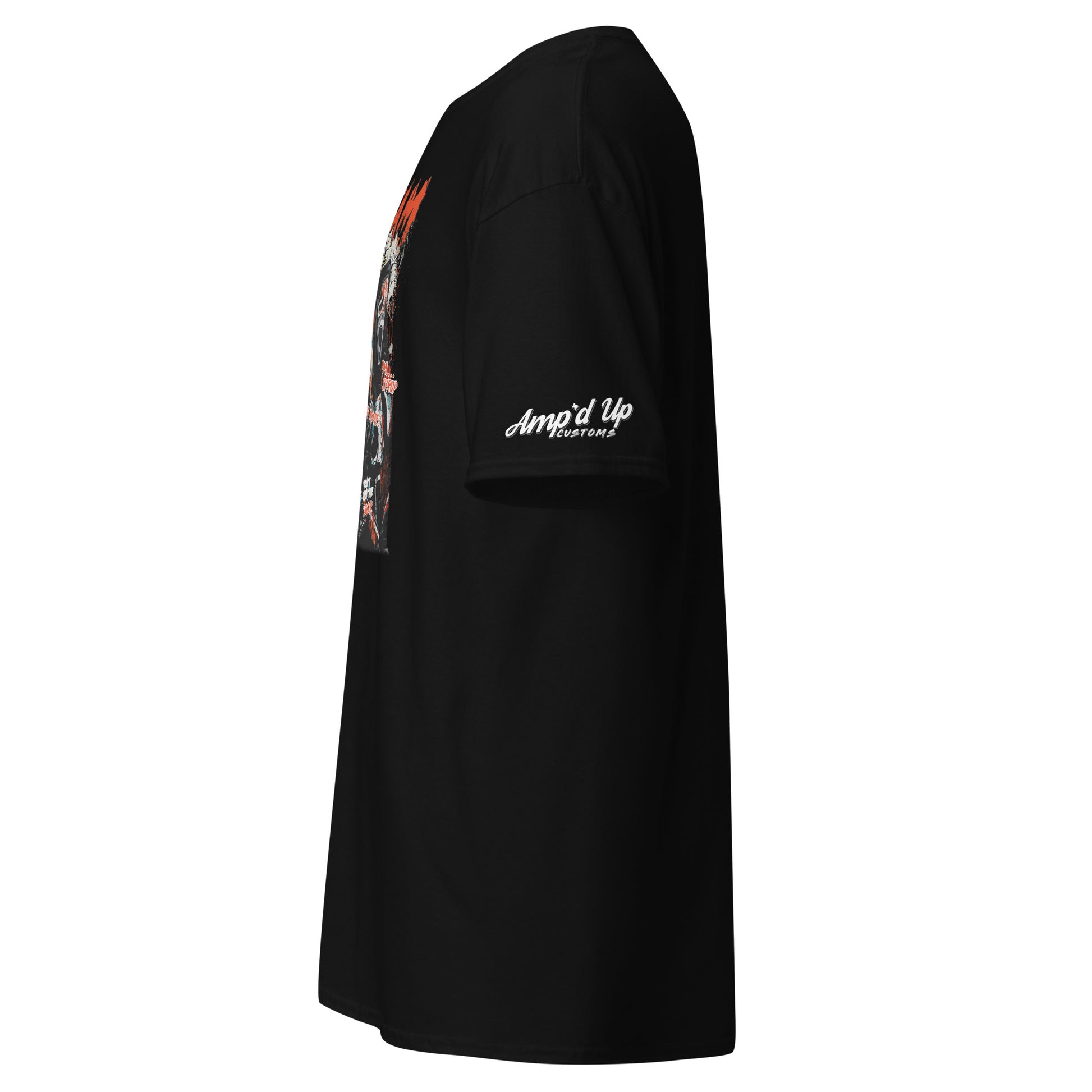 Side view of black Scream T-Shirt by Amp'd Up Custom with graphic print and sleeve logo