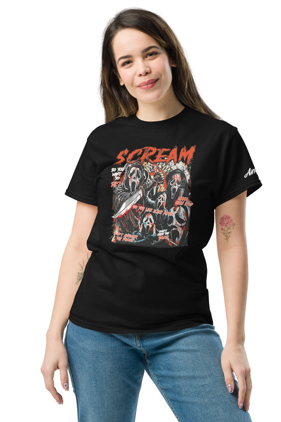 Woman wearing black Scream T-Shirt with horror graphic design from Amp'd Up Custom