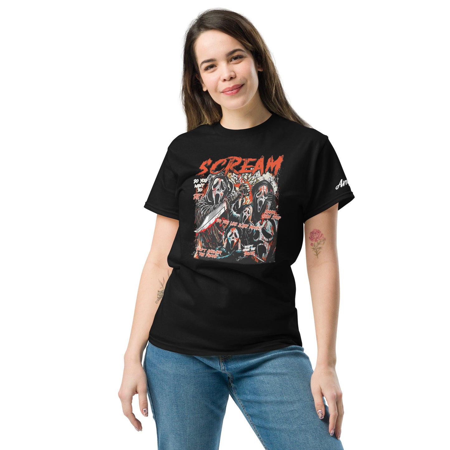 Woman wearing black Scream T-Shirt with horror graphic design from Amp'd Up Custom