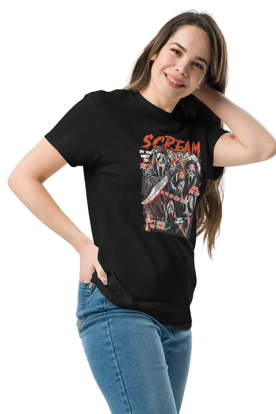Woman wearing black Scream T-Shirt with horror movie graphic design by Amp'd Up Custom