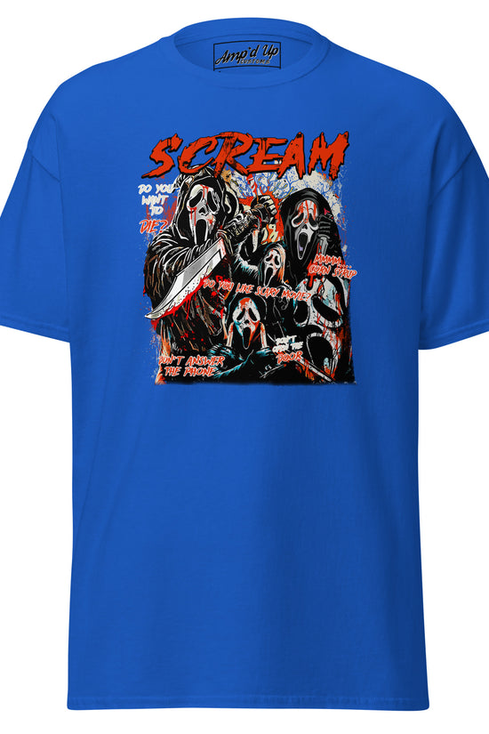 Amp'd Up Custom blue Scream T-Shirt with graphic of multiple Ghostface masks holding knives