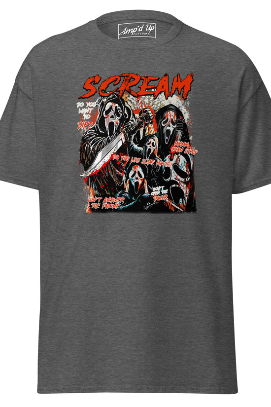Amp'd Up Custom Scream T-Shirt in dark gray featuring multiple Ghostface characters with red and white graphic design