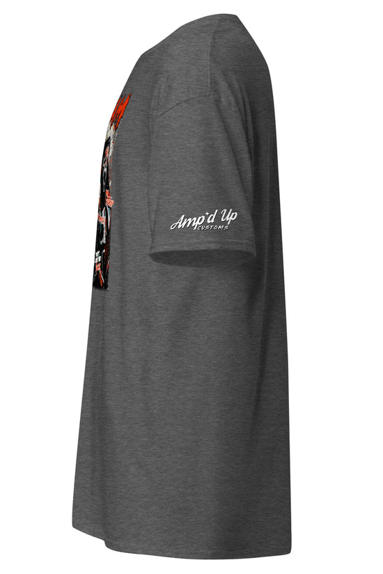 Side view of gray Amp'd Up Custom Scream T-Shirt with graphic design and logo on sleeve