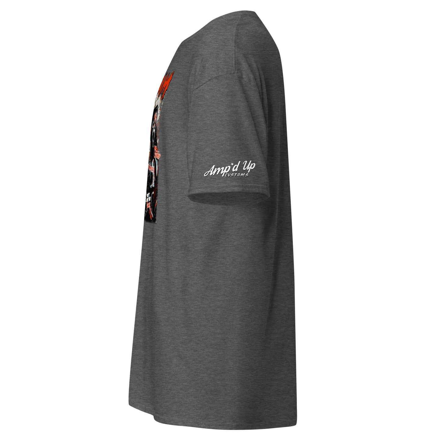 Side view of gray Amp'd Up Custom Scream T-Shirt with graphic design and logo on sleeve