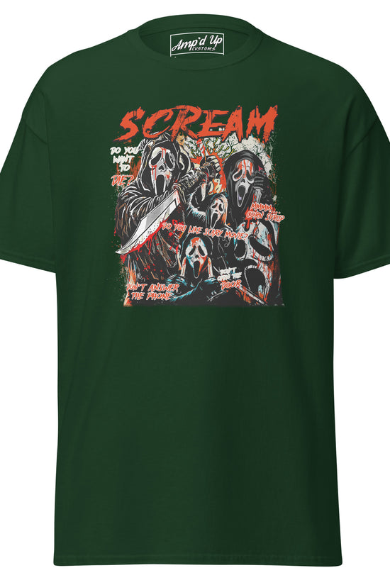 Amp'd Up Custom Scream T-Shirt dark green with graphic featuring multiple Ghostface characters and red text