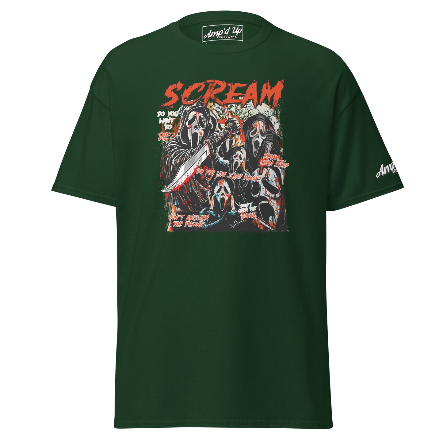 Amp'd Up Custom Scream T-Shirt dark green with graphic featuring multiple Ghostface characters and red text