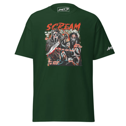 Amp'd Up Custom Scream T-Shirt dark green with graphic featuring multiple Ghostface characters and red text