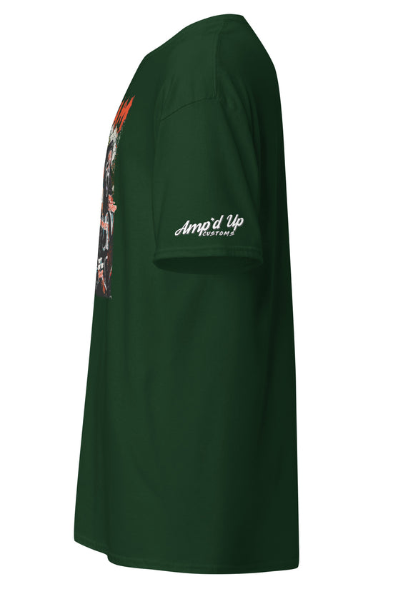 Dark green Scream T-Shirt by Amp'd Up Custom showing side view with logo on sleeve