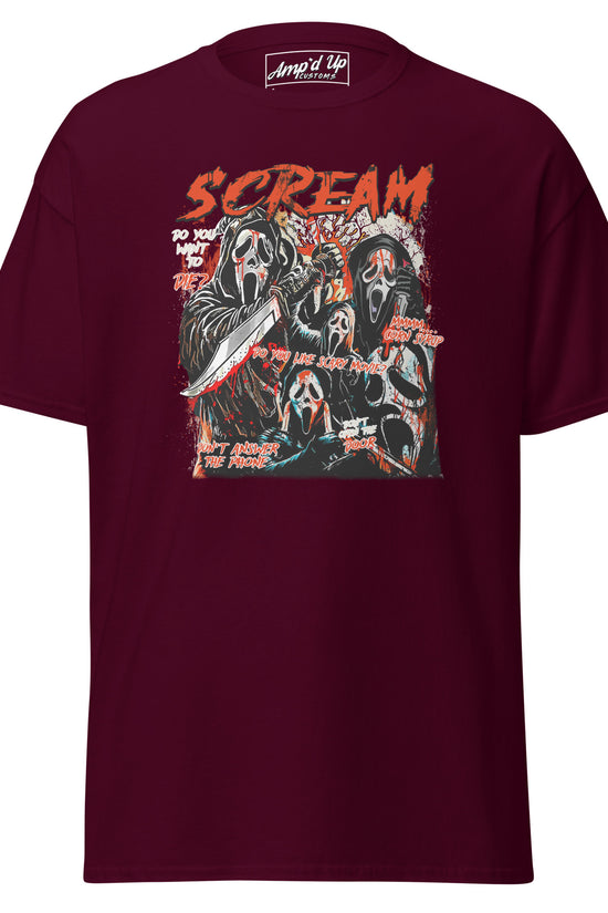 Amp'd Up Custom maroon Scream T-Shirt featuring multiple ghost face masks and horror graphic