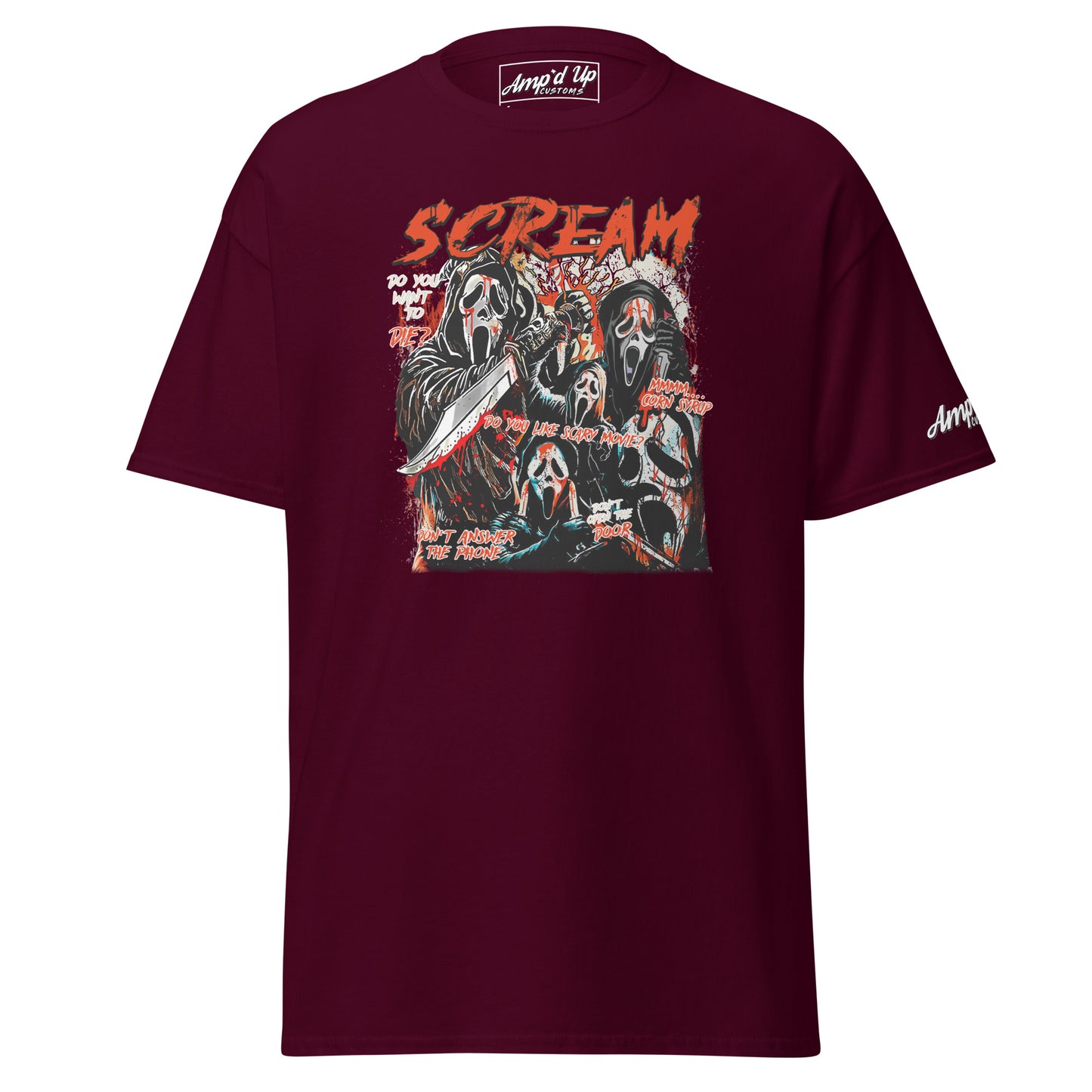 Amp'd Up Custom maroon Scream T-Shirt featuring multiple ghost face masks and horror graphic