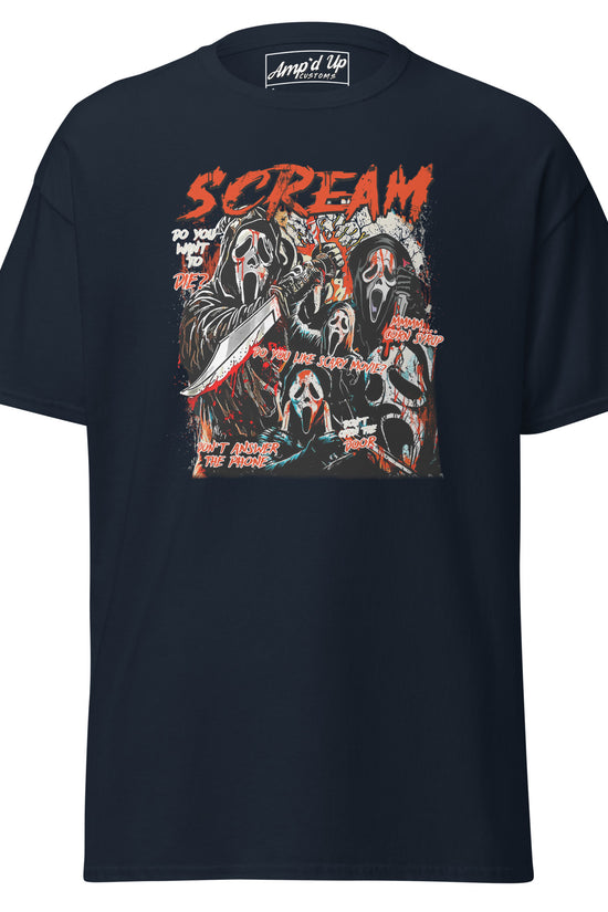 Amp'd Up Custom black Scream T-Shirt featuring multiple Ghostface characters with knives and bold red text