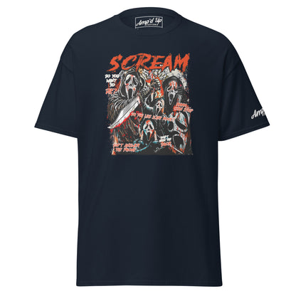 Amp'd Up Custom black Scream T-Shirt featuring multiple Ghostface characters with knives and bold red text